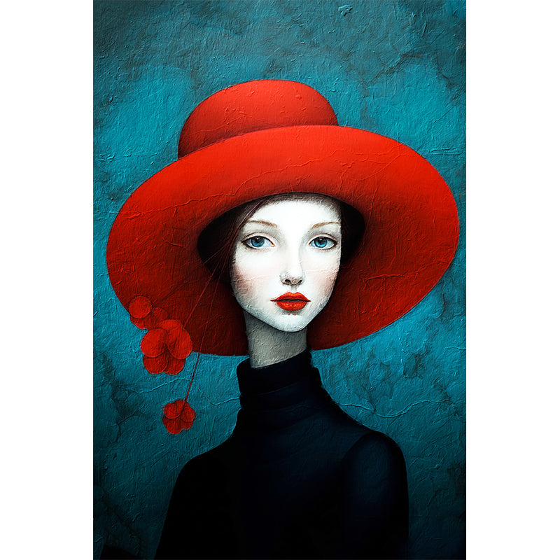 Vrouw met rode hoed schilderij