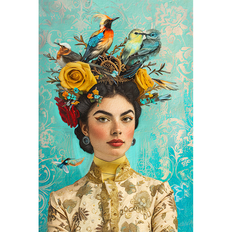 Frau mit Vogel und Blumen