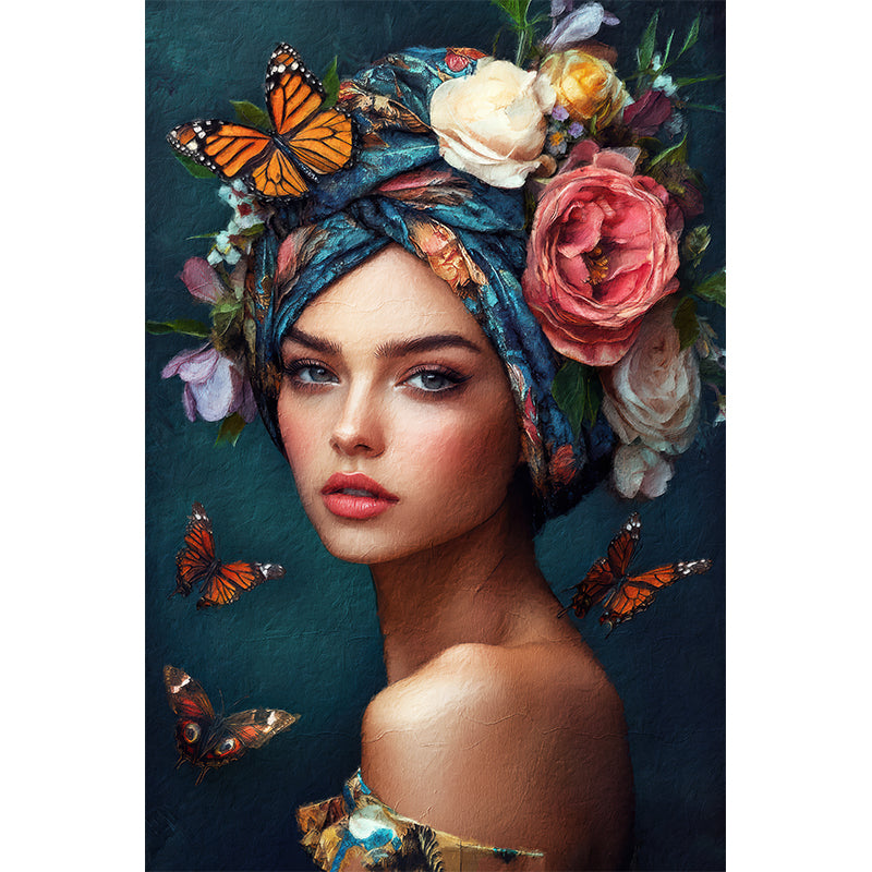 Schöne Frau mit Blumen und Schmetterlingen II