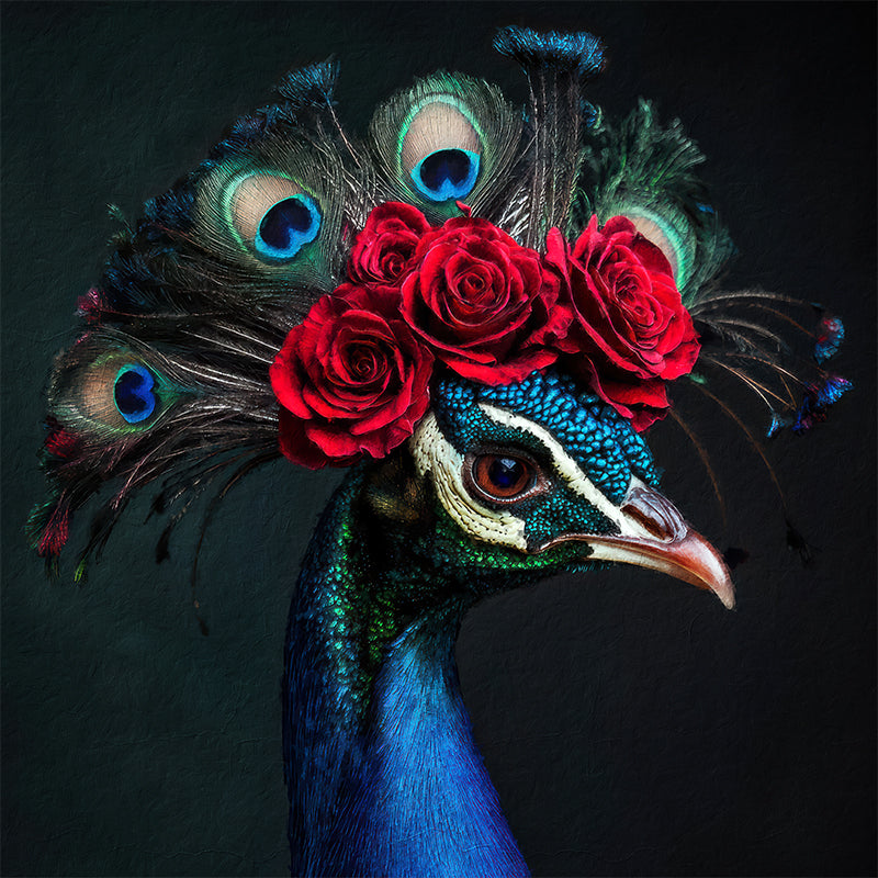 Pfau in Delfter Blau und Blumen
