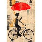 Mit dem Fahrrad mit Regenschirm