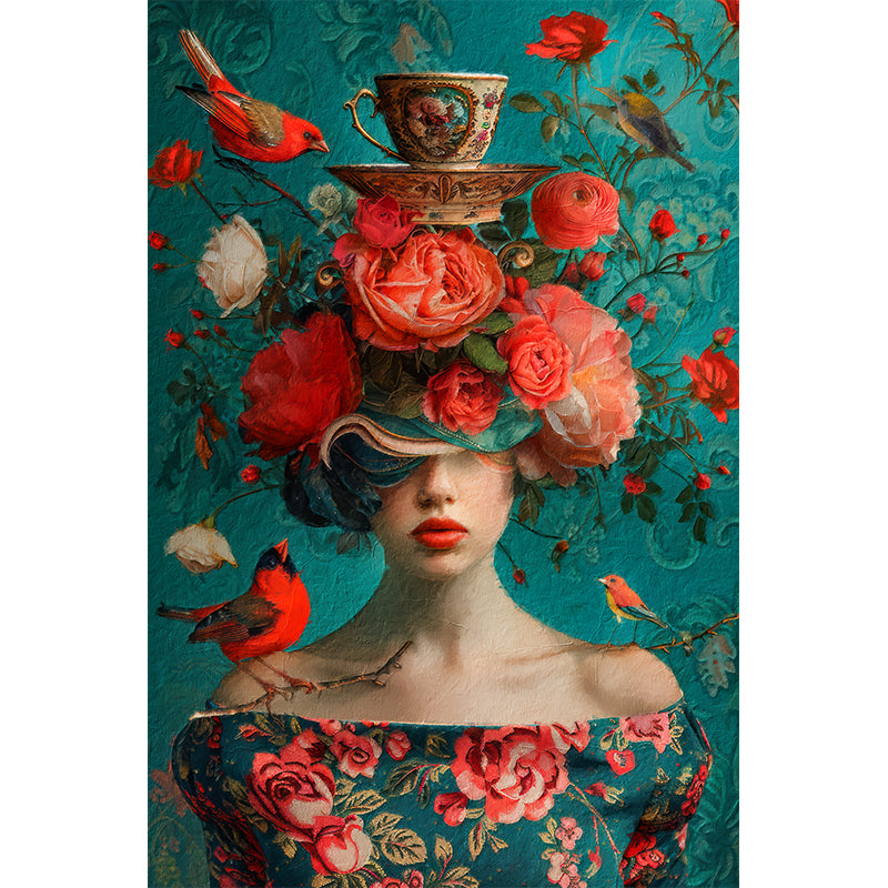 Vrouw tussen Bloemen en vogels
