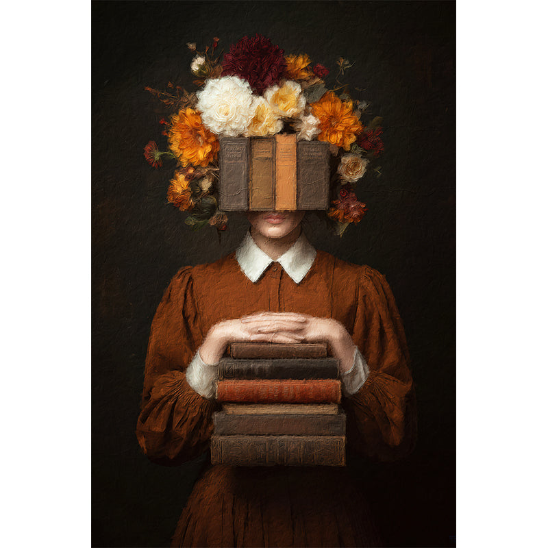 Vrouw met boeken en bloemen