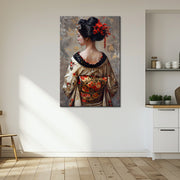 Vrouw in kimono schilderij