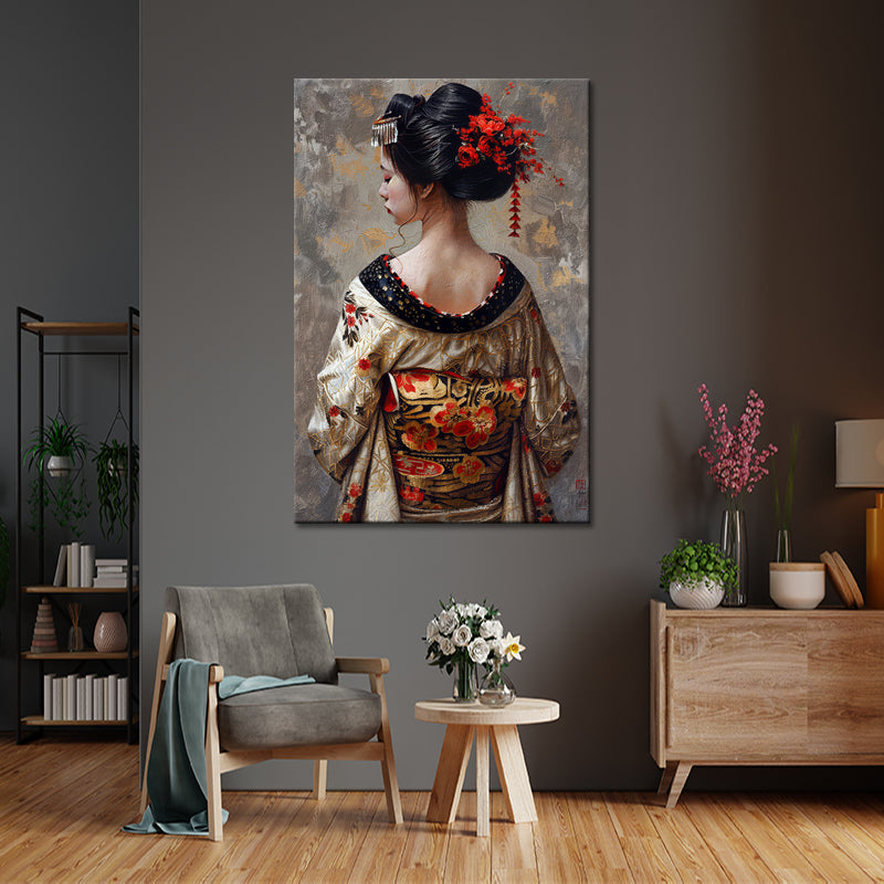 Vrouw in kimono schilderij