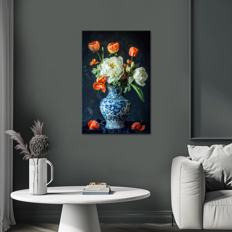 Blauwe vaas met tulpen