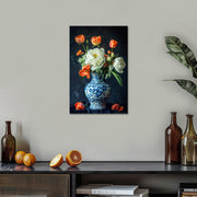 Blauwe vaas met tulpen