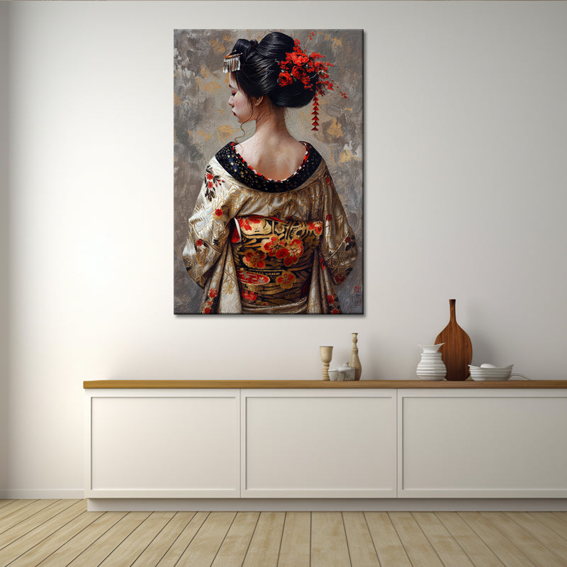 Vrouw in kimono schilderij