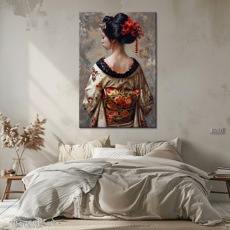 Vrouw in kimono schilderij
