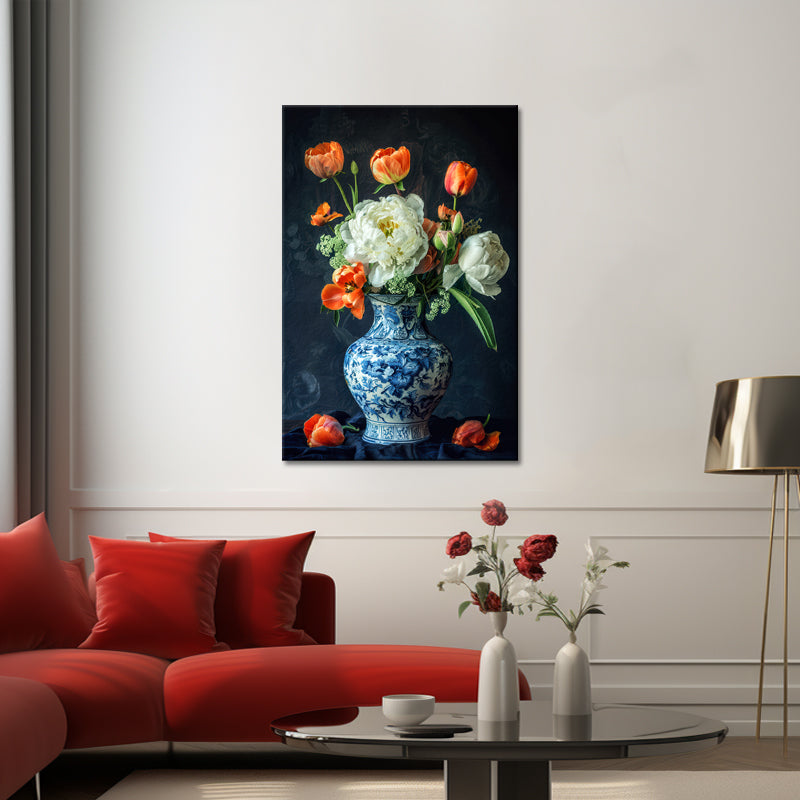 Blauwe vaas met tulpen