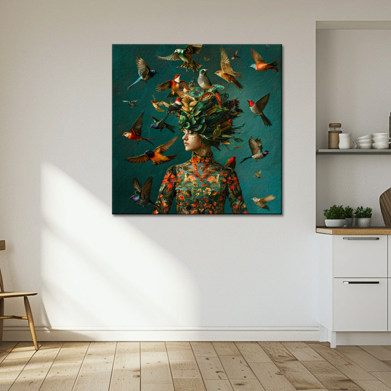 Kunst von Frau und Vögeln