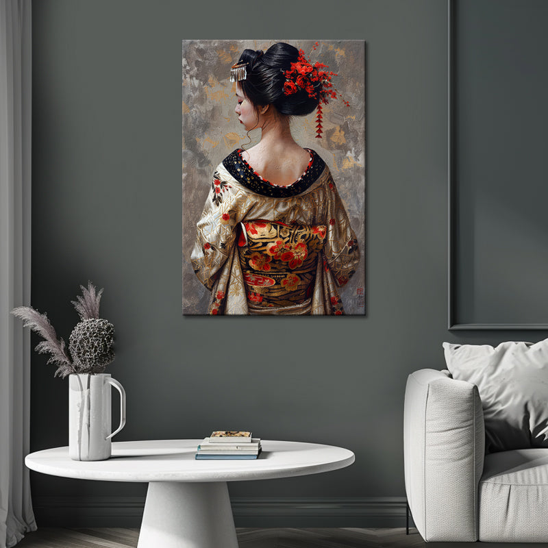 Vrouw in kimono schilderij