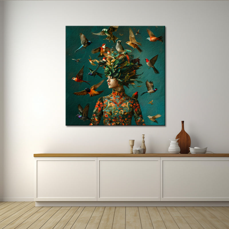 Kunst von Frau und Vögeln