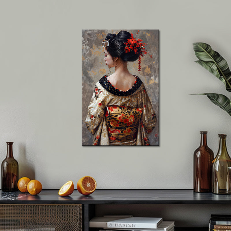Vrouw in kimono schilderij