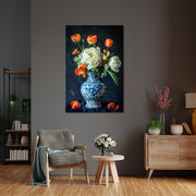 Blauwe vaas met tulpen