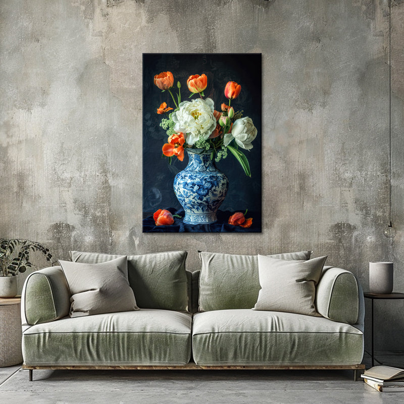 Blauwe vaas met tulpen