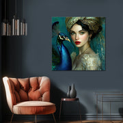 Schilderij Vrouw met Pauw