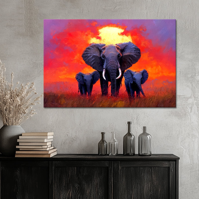 Olifanten familie bij zonsondergang