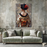 Vrouw in kimono schilderij