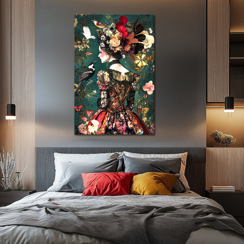 Vrouw in een jurk met bloemen en vogels
