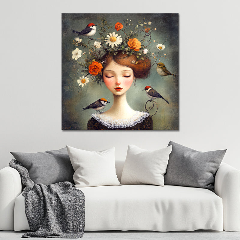 Frau mit Blumen und Vögeln