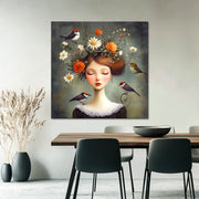 Frau mit Blumen und Vögeln