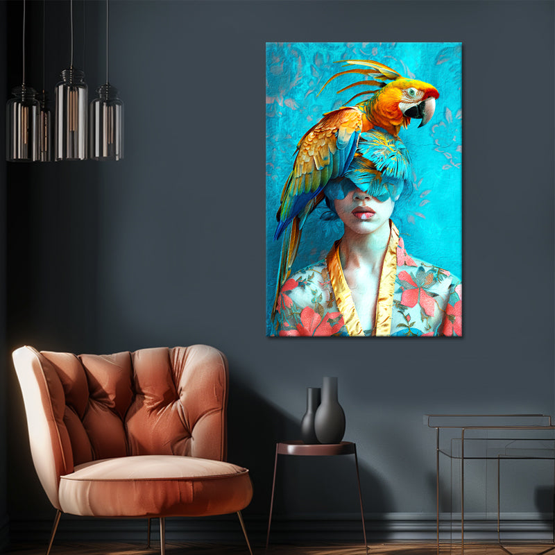 Schilderij vrouw met papegaai