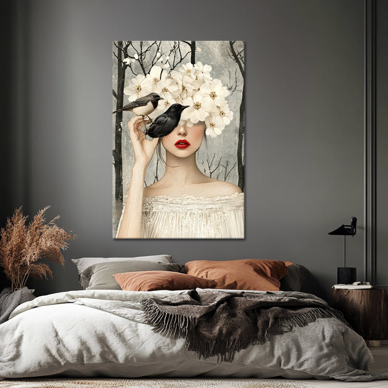 Frau mit Vögeln und Blumen