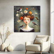 Frau mit Blumen und Vögeln