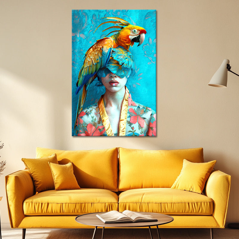Schilderij vrouw met papegaai