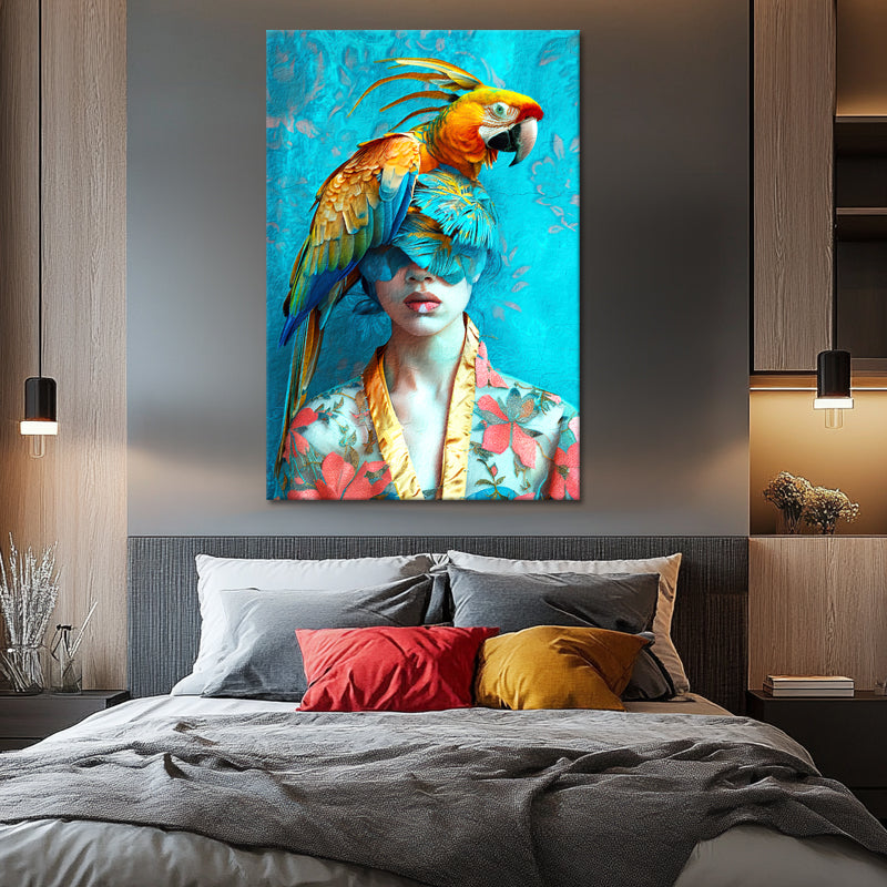Schilderij vrouw met papegaai