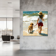 Meisje met hond op het strand