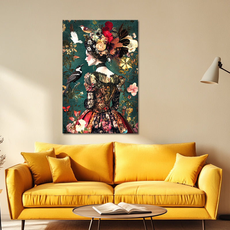 Vrouw in een jurk met bloemen en vogels