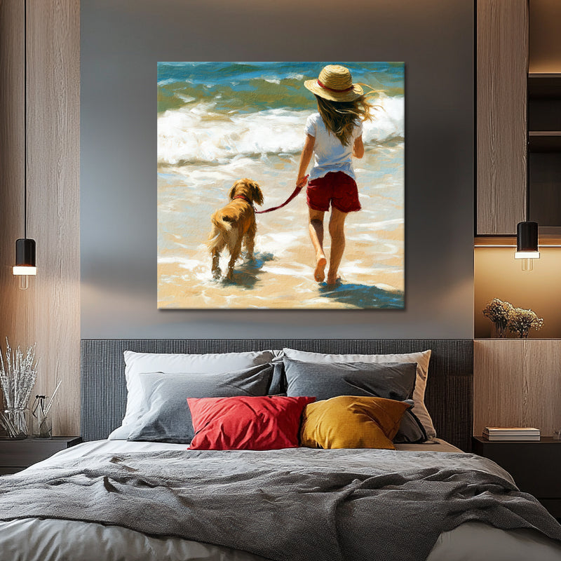 Meisje met hond op het strand