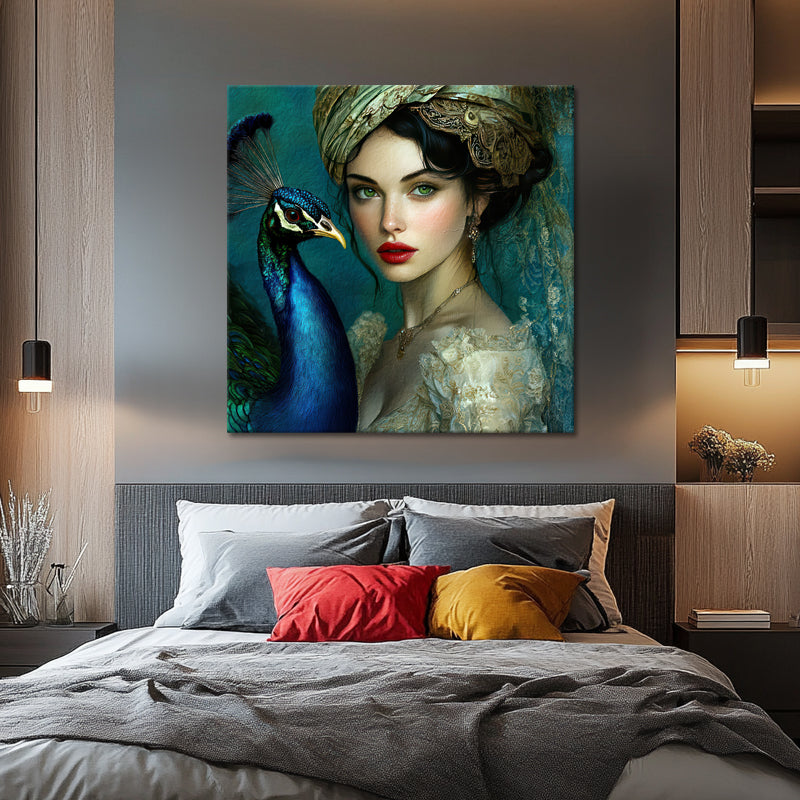 Schilderij Vrouw met Pauw