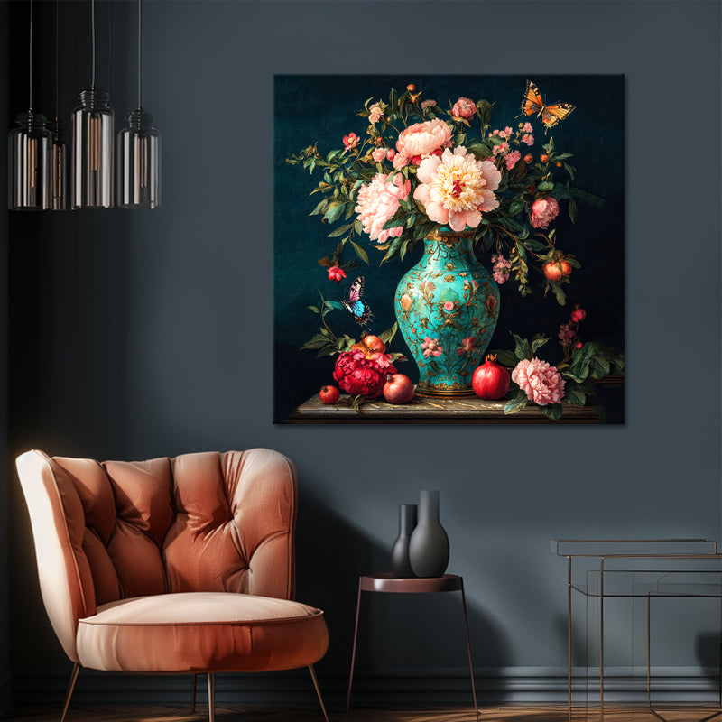 Türkisfarbene Vase mit Blumen