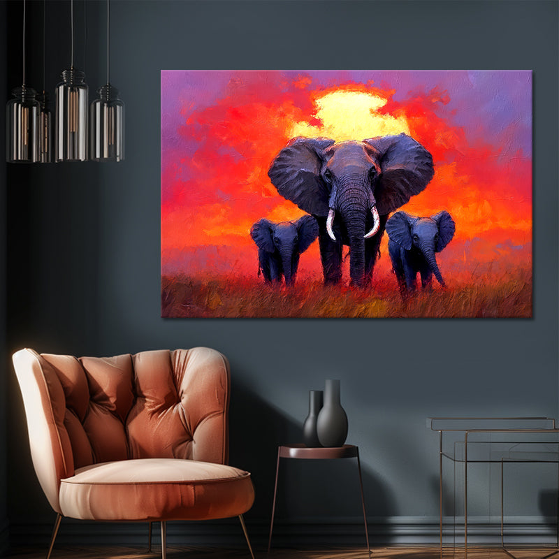 Olifanten familie bij zonsondergang