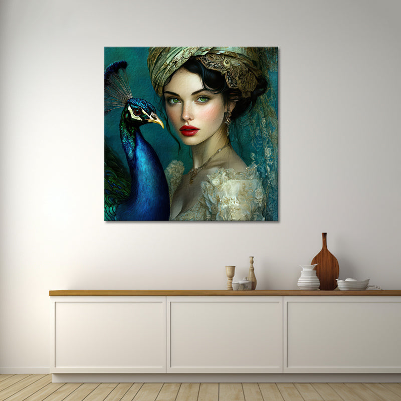 Schilderij Vrouw met Pauw