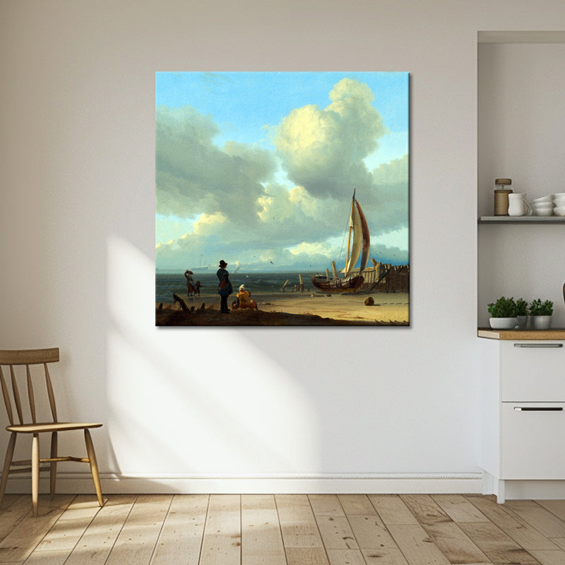 Zeegezicht met figuren bij een schip op de kust - Ludolf Bakhuysen