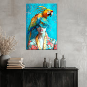 Schilderij vrouw met papegaai