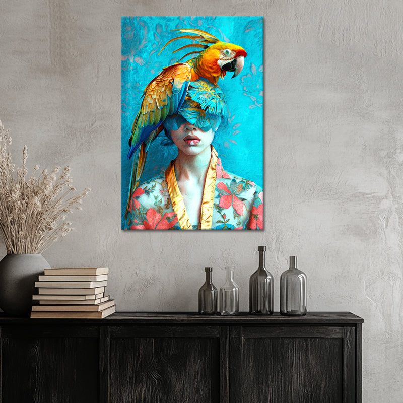 Schilderij vrouw met papegaai
