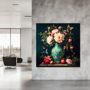 Türkisfarbene Vase mit Blumen