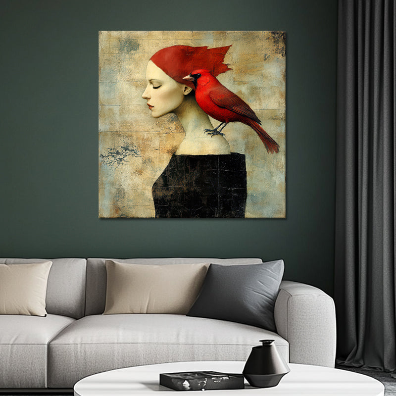 Frau mit einem roten Vogel