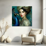 Schilderij Vrouw met Pauw