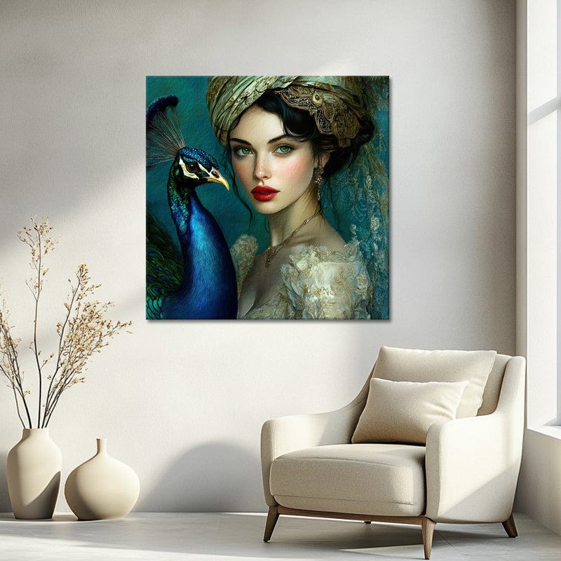 Schilderij Vrouw met Pauw