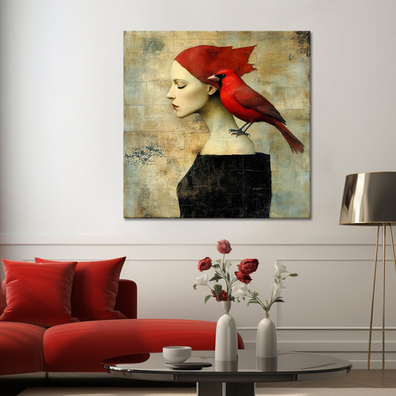 Frau mit einem roten Vogel