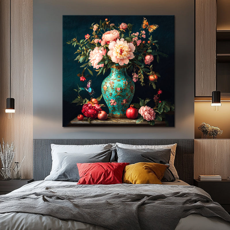 Türkisfarbene Vase mit Blumen