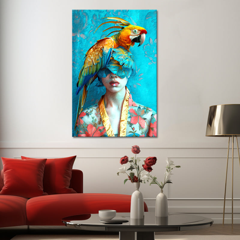 Schilderij vrouw met papegaai