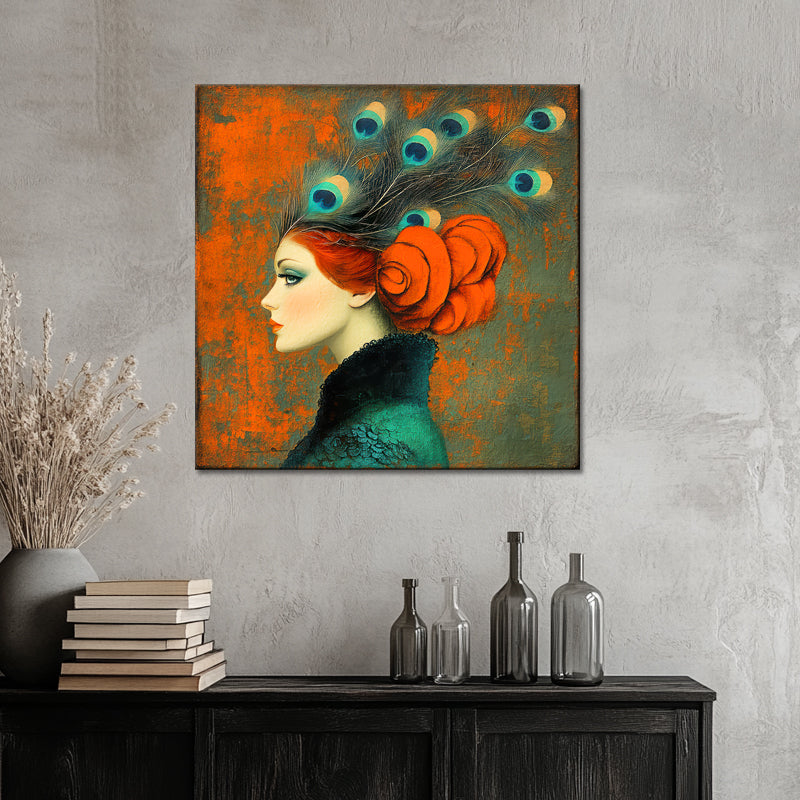 Frau mit Pfauenfedern Kunst
