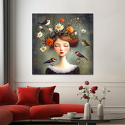 Frau mit Blumen und Vögeln